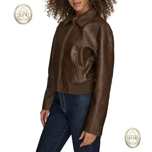 Faux Leather Bomber Jacket with Laydown Collar and Adjustable Cuffs